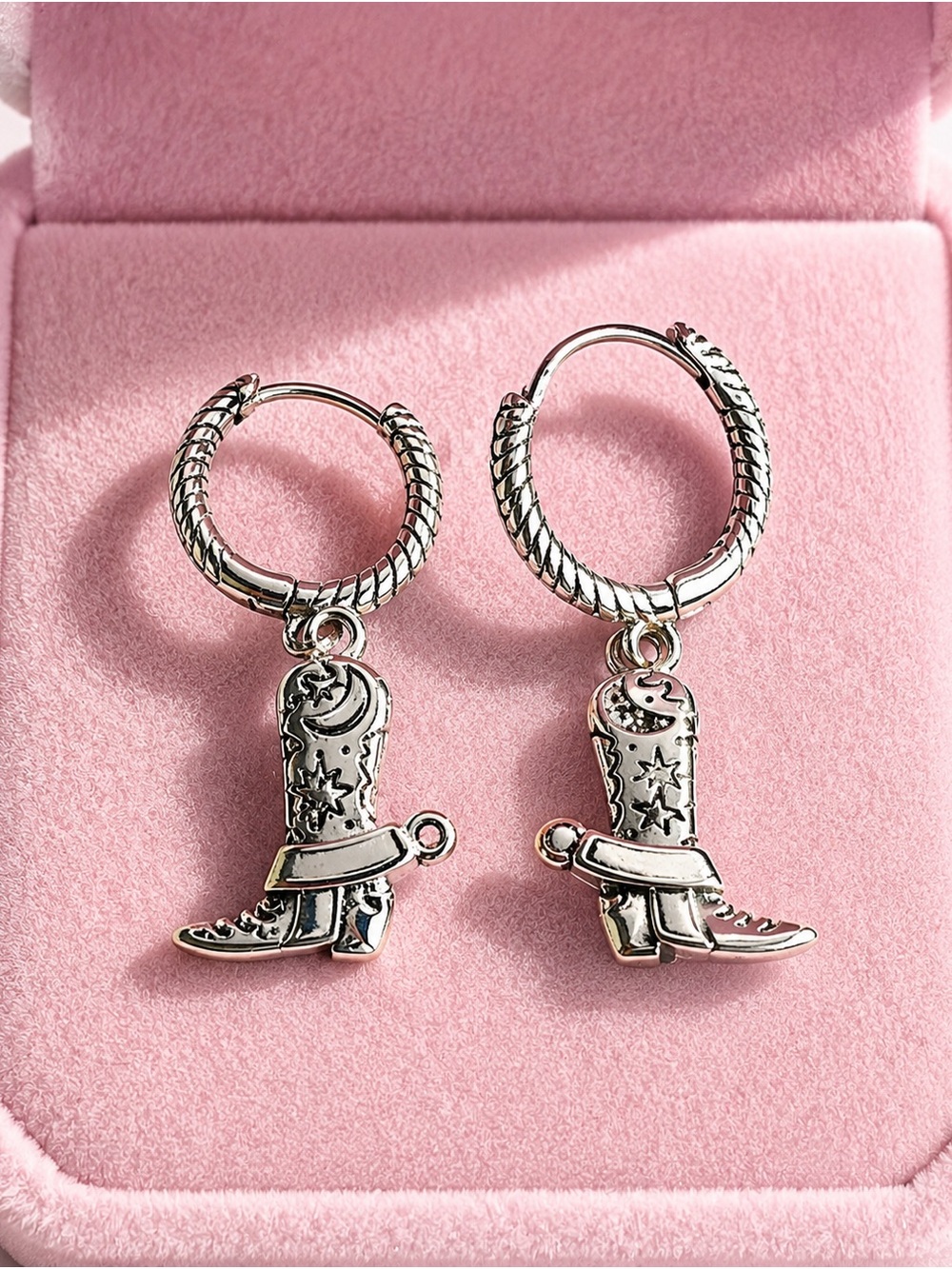 Silver Cowboy Boot Hoop Drop Earrings